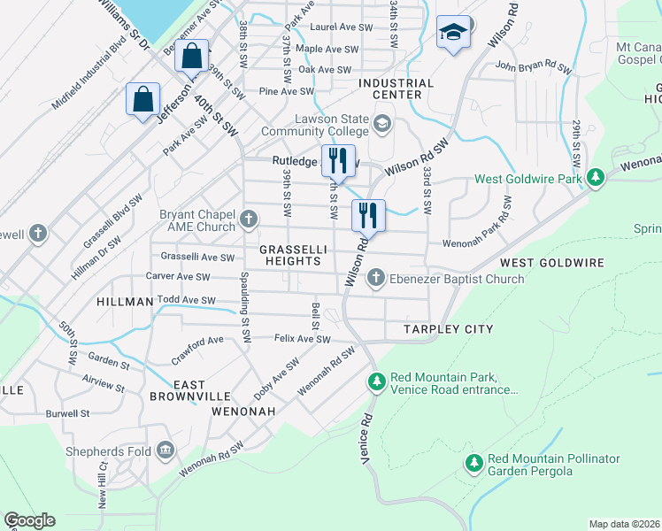 map of restaurants, bars, coffee shops, grocery stores, and more near 3712 Carver Avenue Southwest in Birmingham