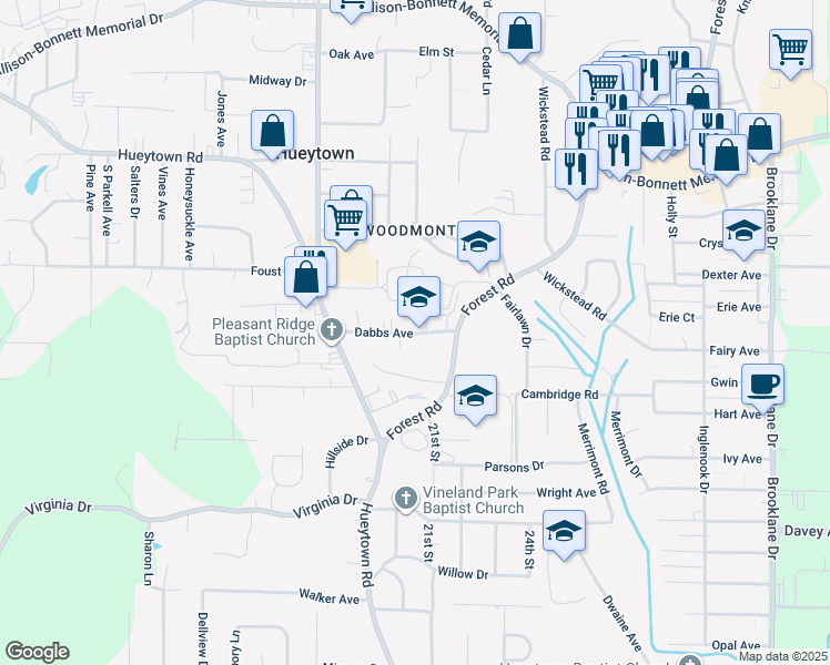 map of restaurants, bars, coffee shops, grocery stores, and more near 131 Dabbs Avenue in Hueytown
