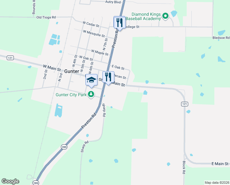 map of restaurants, bars, coffee shops, grocery stores, and more near 111 East Main Street in Gunter