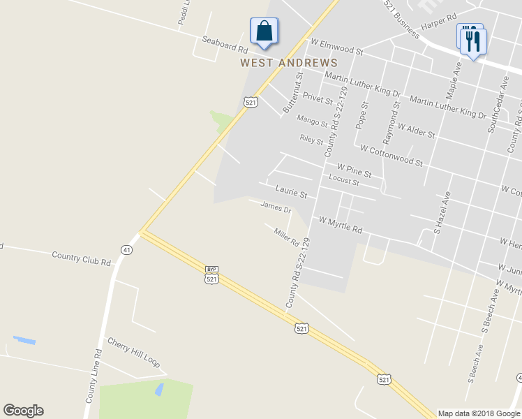 map of restaurants, bars, coffee shops, grocery stores, and more near 199 James Drive in Andrews