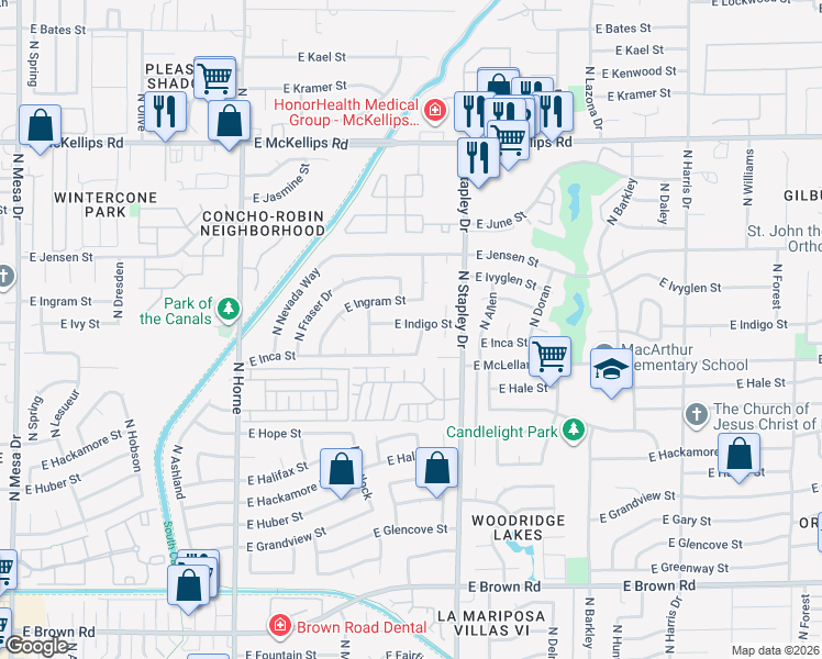 map of restaurants, bars, coffee shops, grocery stores, and more near 1105 East Indigo Street in Mesa