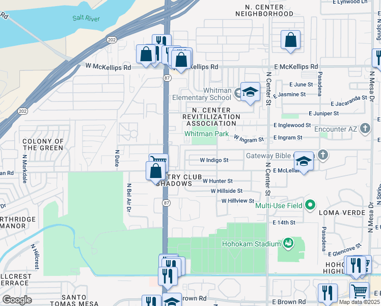 map of restaurants, bars, coffee shops, grocery stores, and more near 247 West Ivyglen Street in Mesa