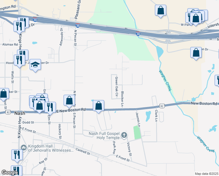 map of restaurants, bars, coffee shops, grocery stores, and more near 29 Green Oak Circle in Nash
