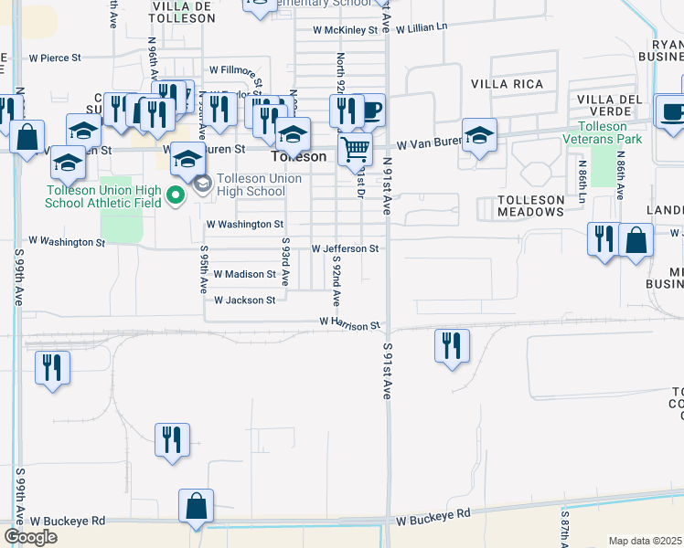map of restaurants, bars, coffee shops, grocery stores, and more near 113 South 92nd Avenue in Tolleson