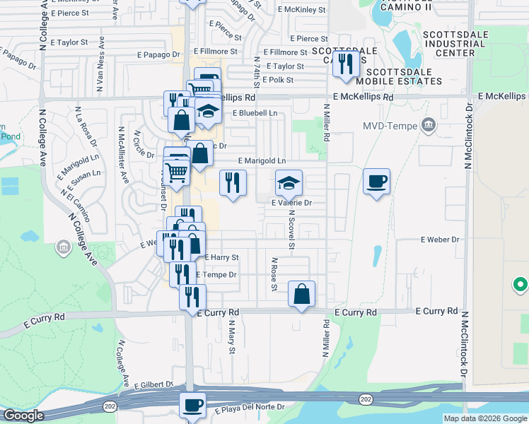 map of restaurants, bars, coffee shops, grocery stores, and more near 1116 East Marny Road in Tempe
