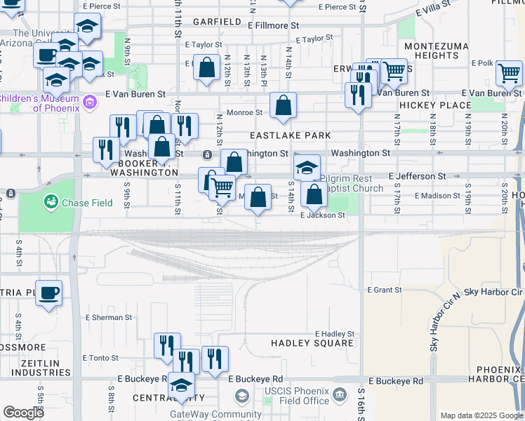 map of restaurants, bars, coffee shops, grocery stores, and more near 215 South 13th Street in Phoenix