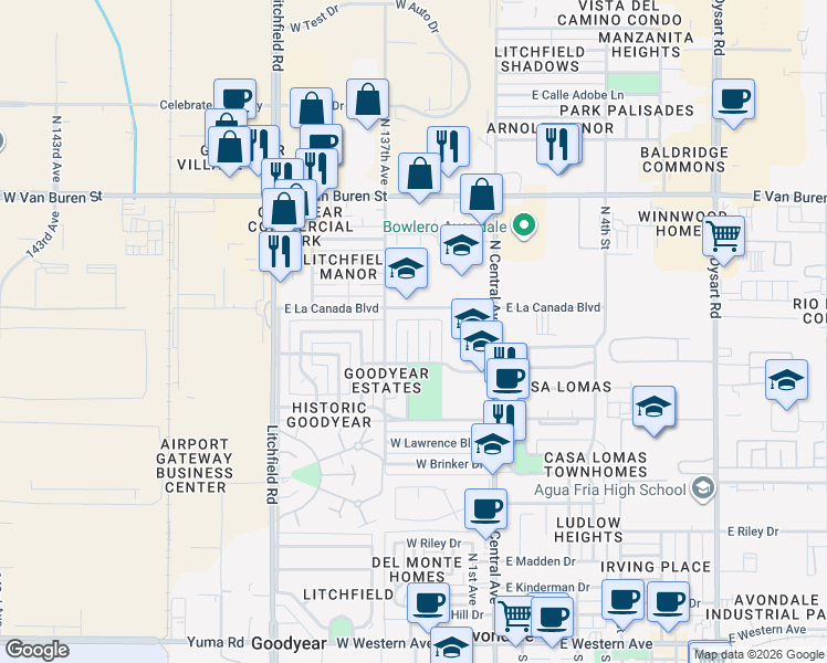 map of restaurants, bars, coffee shops, grocery stores, and more near 1025 North Los Olivos Drive in Goodyear