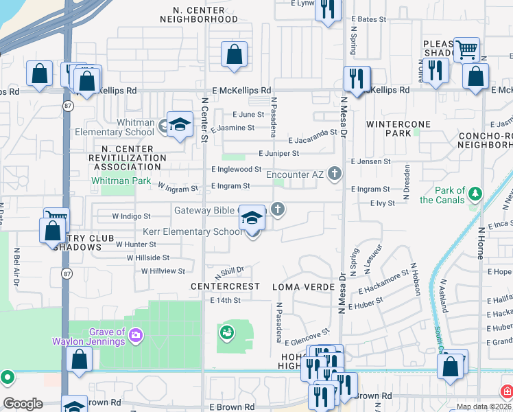 map of restaurants, bars, coffee shops, grocery stores, and more near 135 East Ivy Street in Mesa