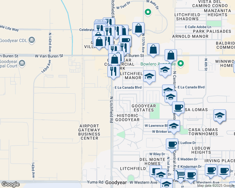 map of restaurants, bars, coffee shops, grocery stores, and more near 1018 N Las Palmas Dr in Goodyear