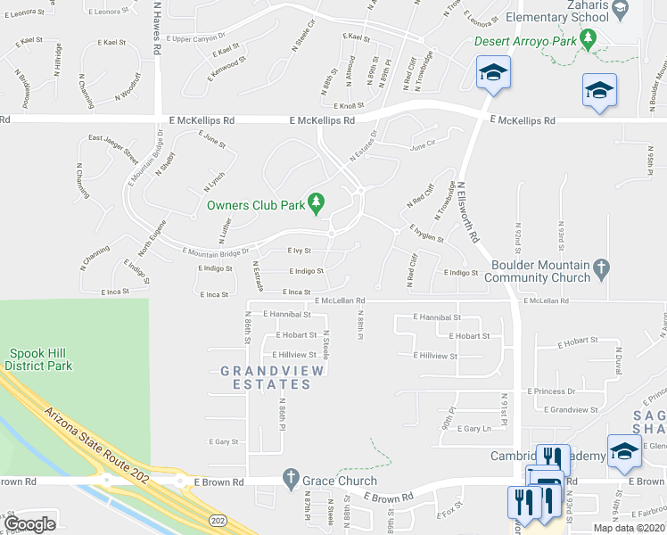 map of restaurants, bars, coffee shops, grocery stores, and more near 8730 East Indigo Street in Mesa