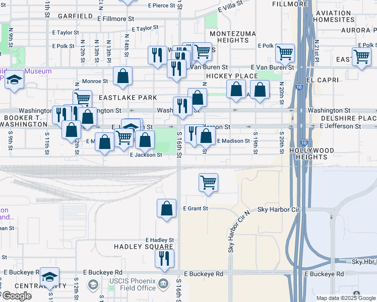 map of restaurants, bars, coffee shops, grocery stores, and more near 1614 East Jackson Street in Phoenix