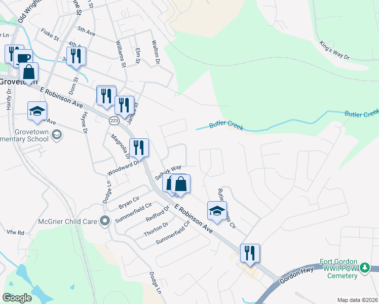 map of restaurants, bars, coffee shops, grocery stores, and more near 1017 Jarrow Place in Grovetown