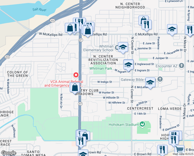 map of restaurants, bars, coffee shops, grocery stores, and more near 247 West Ivyglen Street in Mesa
