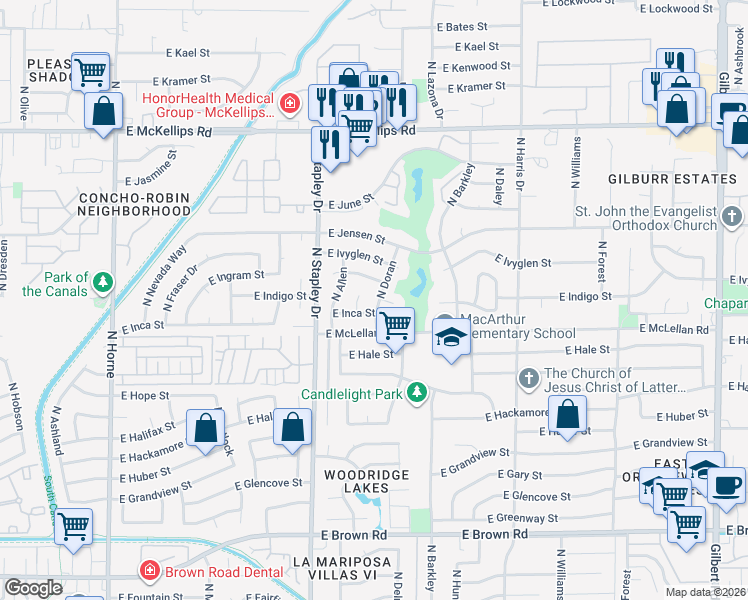 map of restaurants, bars, coffee shops, grocery stores, and more near 1642 North Doran in Mesa