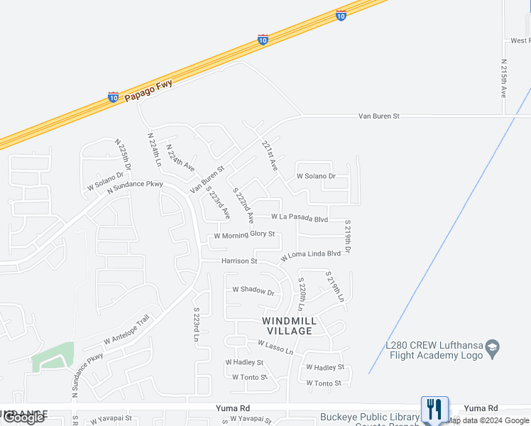 map of restaurants, bars, coffee shops, grocery stores, and more near 22168 West La Pasada Boulevard in Buckeye