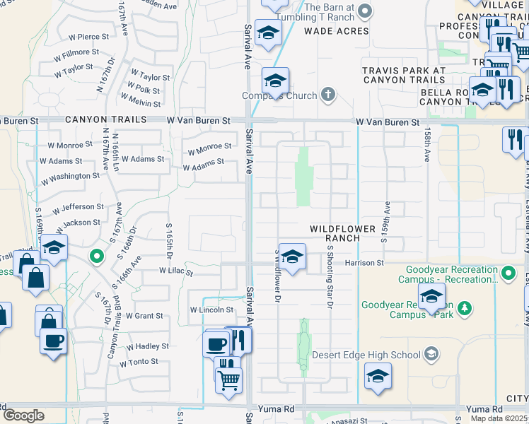 map of restaurants, bars, coffee shops, grocery stores, and more near 16253 West Jefferson Street in Goodyear