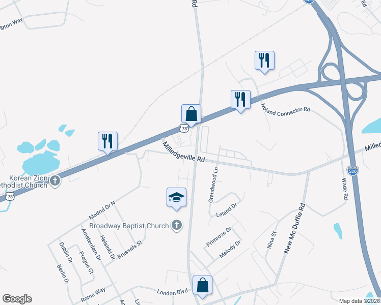 map of restaurants, bars, coffee shops, grocery stores, and more near 3601 Milledgeville Road in Augusta