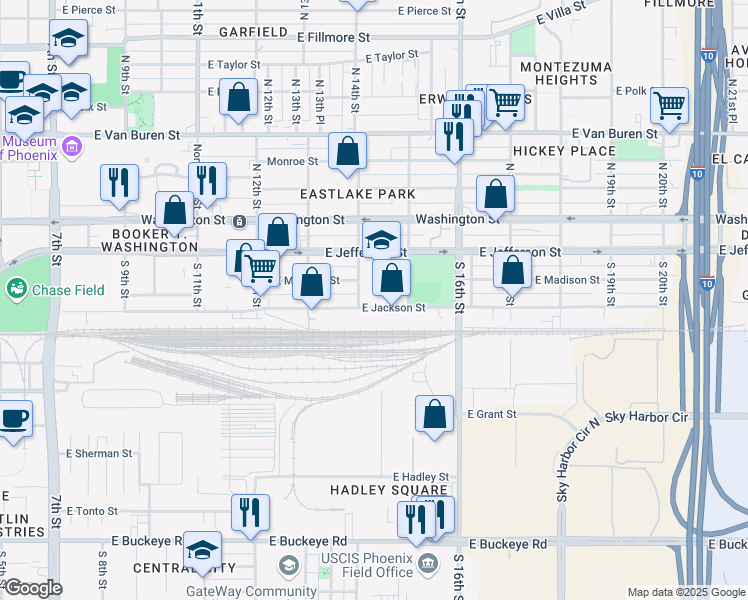 map of restaurants, bars, coffee shops, grocery stores, and more near 215 South 14th Street in Phoenix