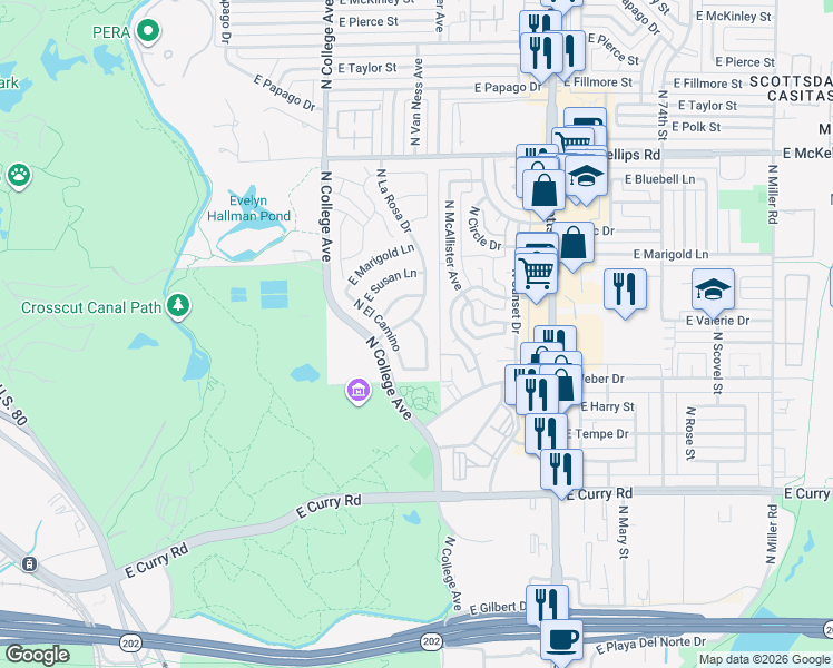 map of restaurants, bars, coffee shops, grocery stores, and more near 1454 North La Rosa Drive in Tempe