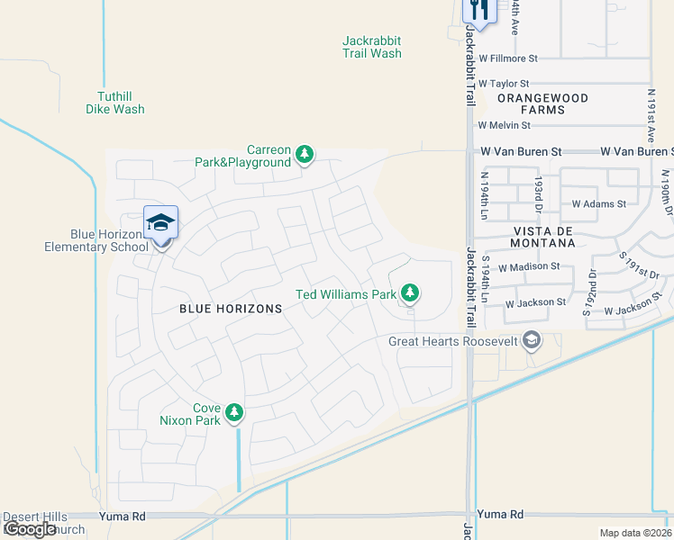 map of restaurants, bars, coffee shops, grocery stores, and more near 163 South 197th Avenue in Buckeye