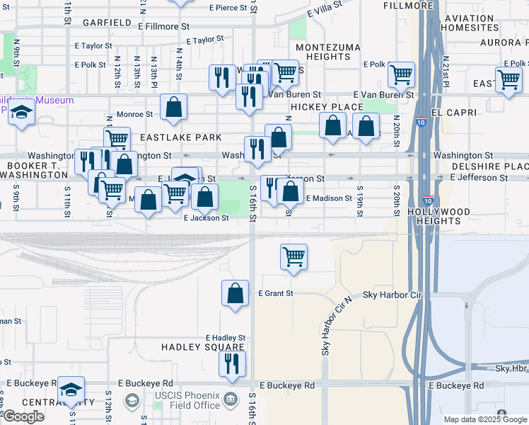 map of restaurants, bars, coffee shops, grocery stores, and more near 1614 East Jackson Street in Phoenix