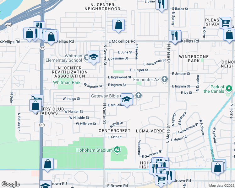 map of restaurants, bars, coffee shops, grocery stores, and more near 55 East Ivy Street in Mesa