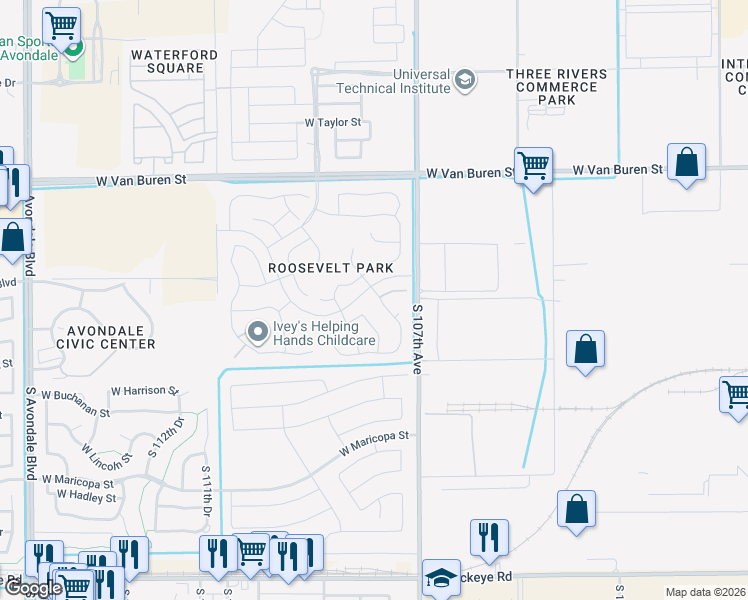 map of restaurants, bars, coffee shops, grocery stores, and more near 108 South 107th Drive in Avondale