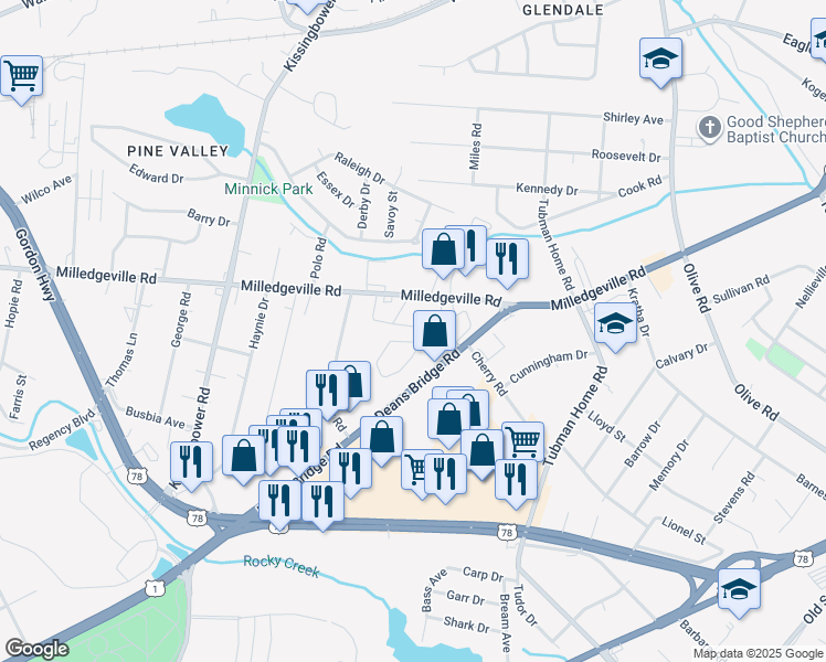 map of restaurants, bars, coffee shops, grocery stores, and more near 2526 Milledgeville Road in Augusta