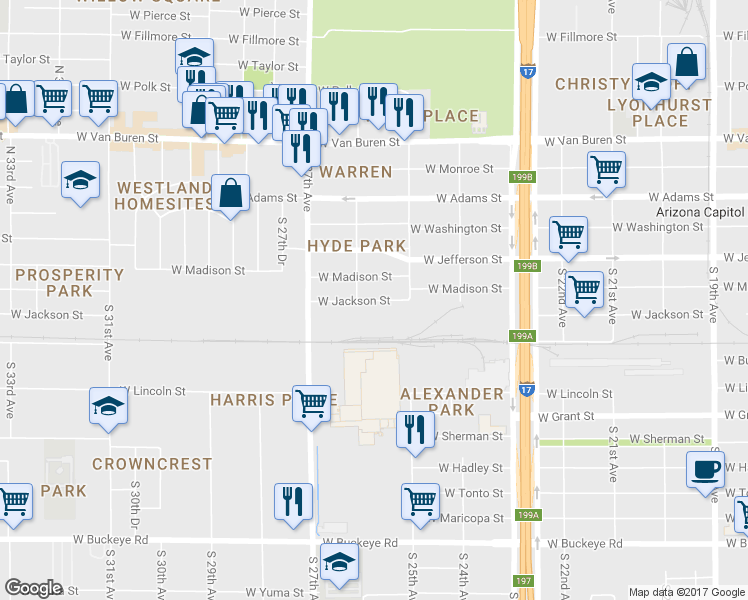 map of restaurants, bars, coffee shops, grocery stores, and more near 2534 West Jackson Street in Phoenix