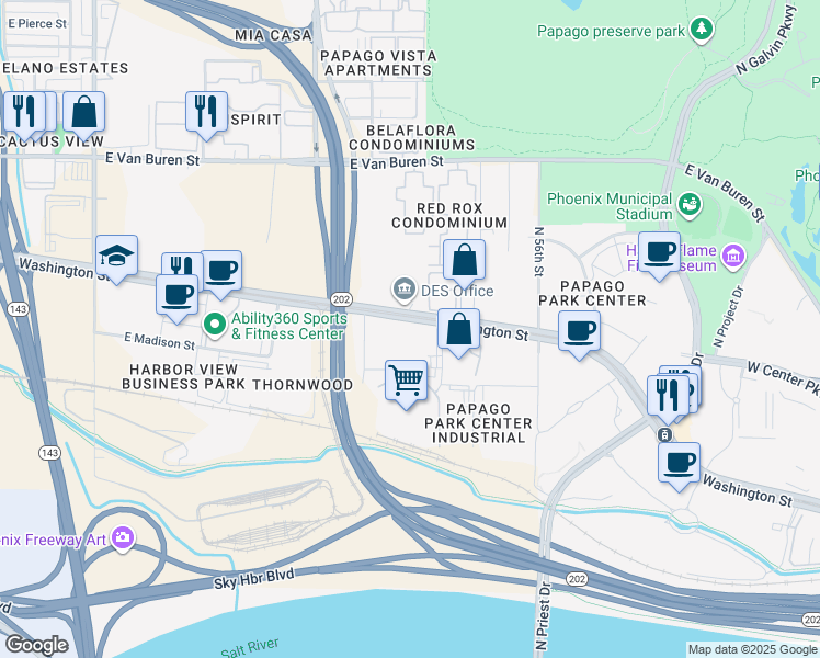 map of restaurants, bars, coffee shops, grocery stores, and more near 5321 E Washington St in Phoenix