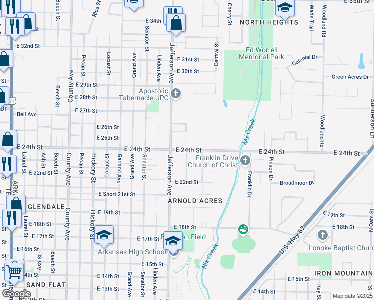 map of restaurants, bars, coffee shops, grocery stores, and more near East 24th Street in Texarkana