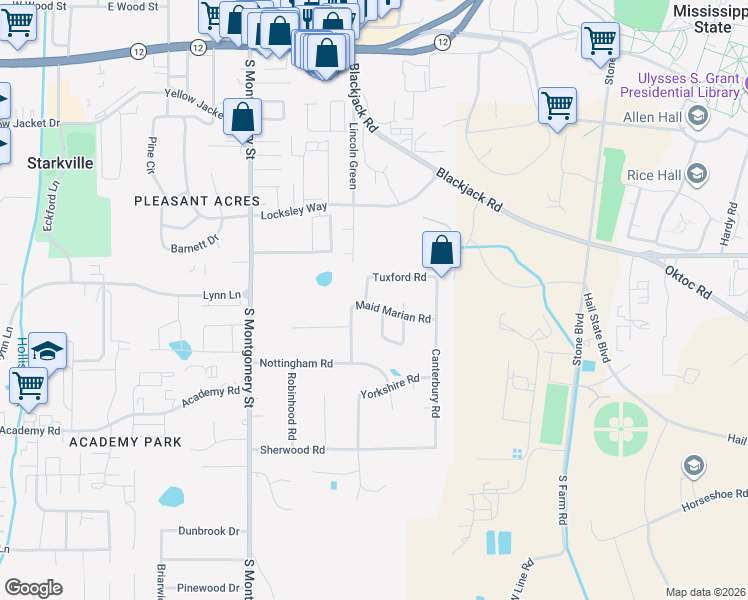 map of restaurants, bars, coffee shops, grocery stores, and more near 155-199 Maid Marian Rd in Starkville