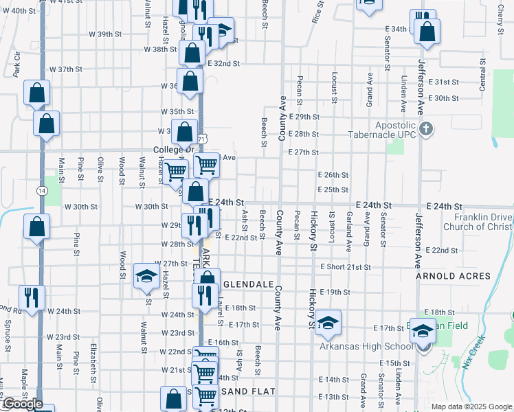 map of restaurants, bars, coffee shops, grocery stores, and more near 2323 Beech Street in Texarkana