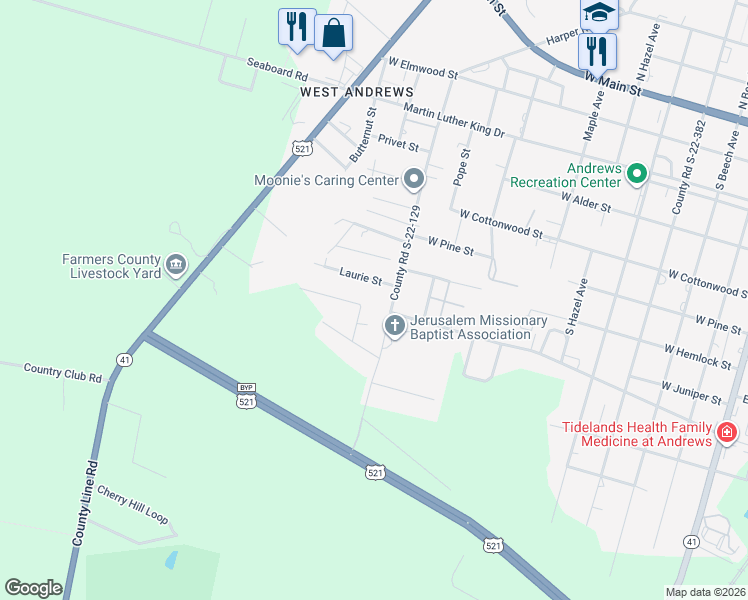 map of restaurants, bars, coffee shops, grocery stores, and more near 508 County Road S-22-129 in Andrews