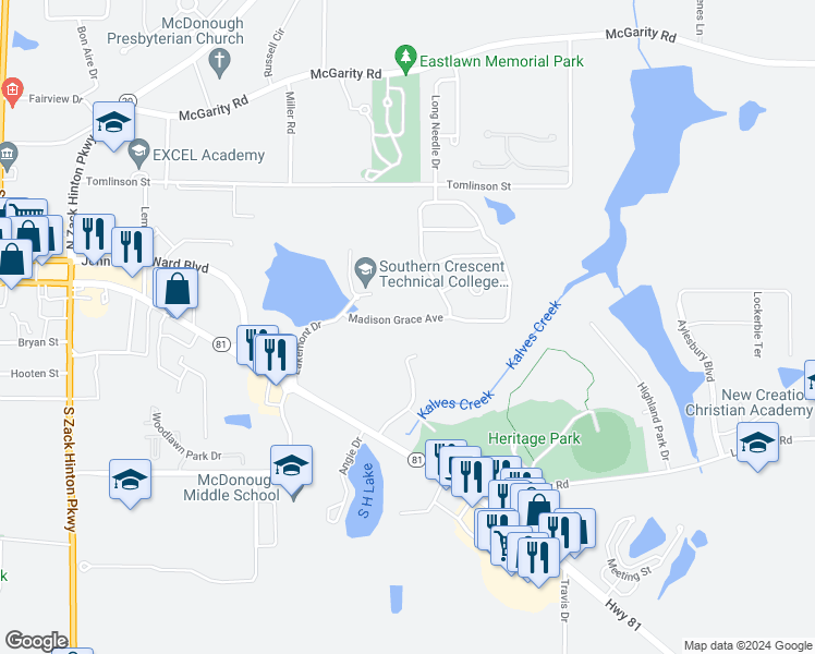 map of restaurants, bars, coffee shops, grocery stores, and more near 140 Madison Grace Avenue in McDonough