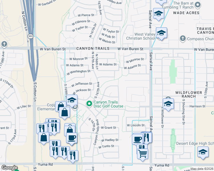 map of restaurants, bars, coffee shops, grocery stores, and more near 16600 West Madison Street in Goodyear