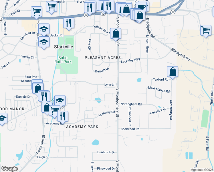 map of restaurants, bars, coffee shops, grocery stores, and more near 105 Maison de Ville in Starkville