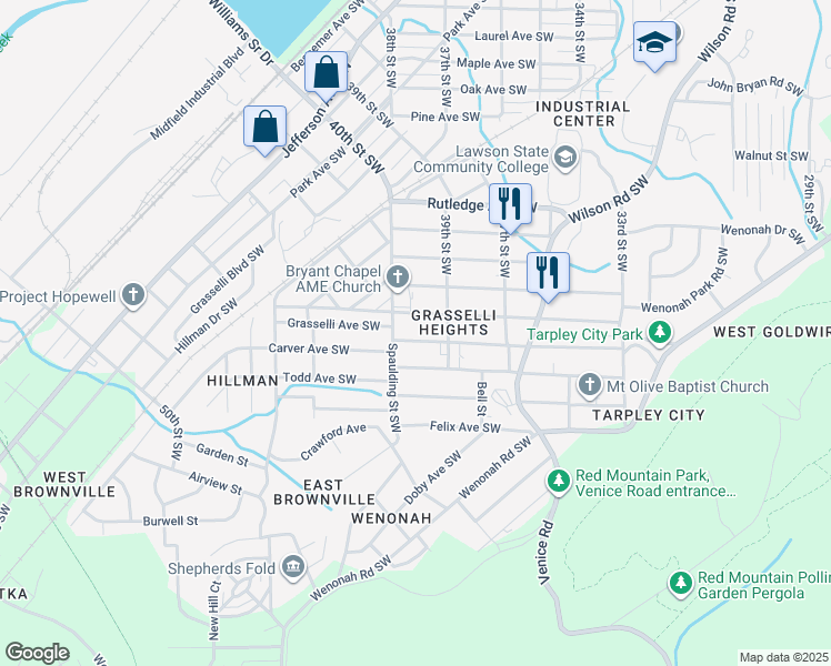 map of restaurants, bars, coffee shops, grocery stores, and more near 3233 Carver Avenue Southwest in Birmingham