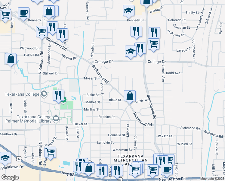 map of restaurants, bars, coffee shops, grocery stores, and more near 1202 Richmond Road in Texarkana