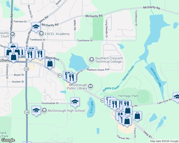map of restaurants, bars, coffee shops, grocery stores, and more near 108 Madison Grace Avenue in McDonough