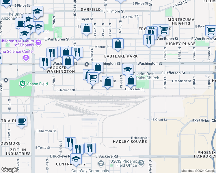 map of restaurants, bars, coffee shops, grocery stores, and more near 215 South 13th Street in Phoenix