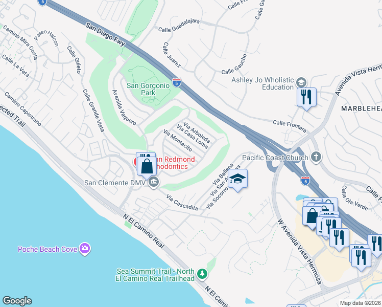 map of restaurants, bars, coffee shops, grocery stores, and more near 2709 Via Montecito in San Clemente