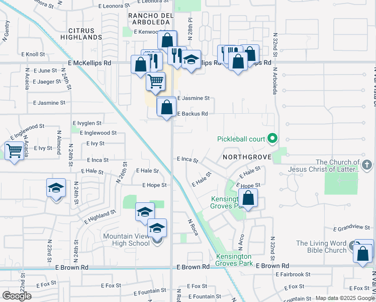 map of restaurants, bars, coffee shops, grocery stores, and more near 1626 North Roca Circle in Mesa