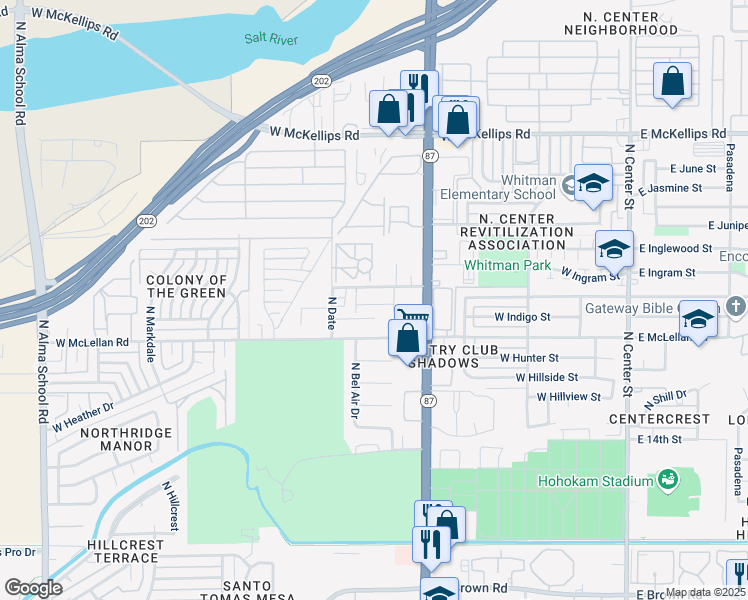 map of restaurants, bars, coffee shops, grocery stores, and more near 15 North Ivyglen Townhomes in Mesa