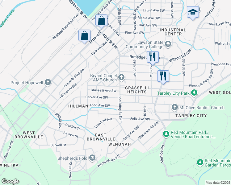 map of restaurants, bars, coffee shops, grocery stores, and more near 4009 Grasselli Avenue Southwest in Birmingham