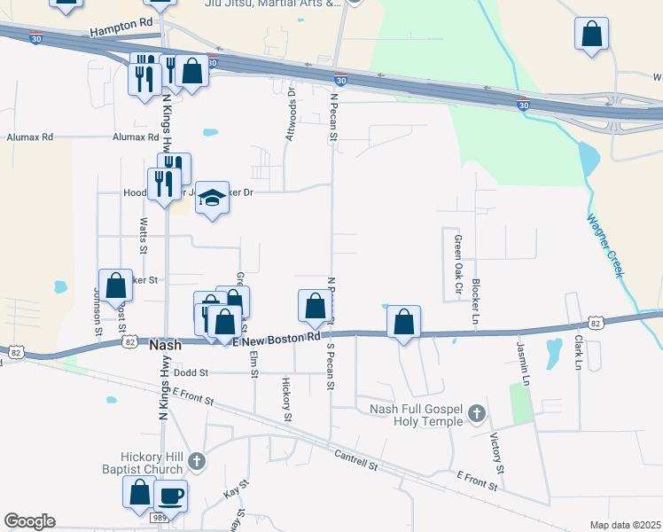 map of restaurants, bars, coffee shops, grocery stores, and more near 312 North Pecan Street in Nash