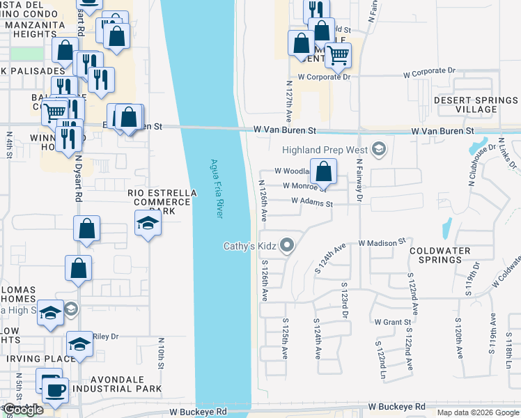 map of restaurants, bars, coffee shops, grocery stores, and more near 10 North 126th Avenue in Avondale