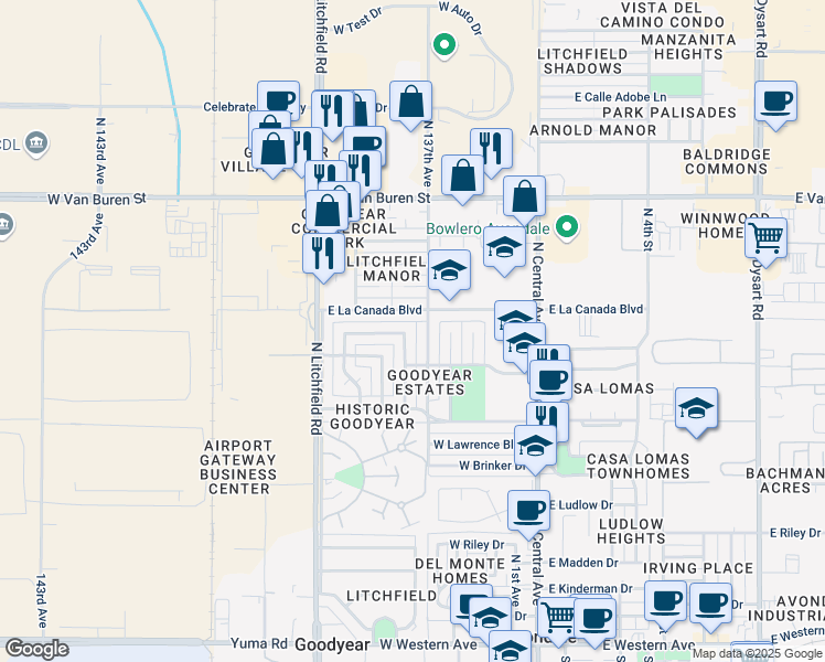 map of restaurants, bars, coffee shops, grocery stores, and more near 1027 N Los Robles Dr in Goodyear