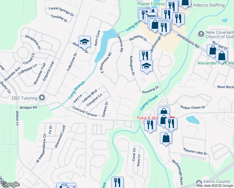 map of restaurants, bars, coffee shops, grocery stores, and more near 404 Denali lane in McDonough