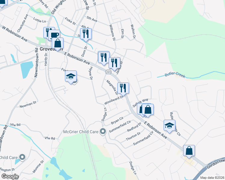 map of restaurants, bars, coffee shops, grocery stores, and more near 112 Magnolia Drive in Grovetown